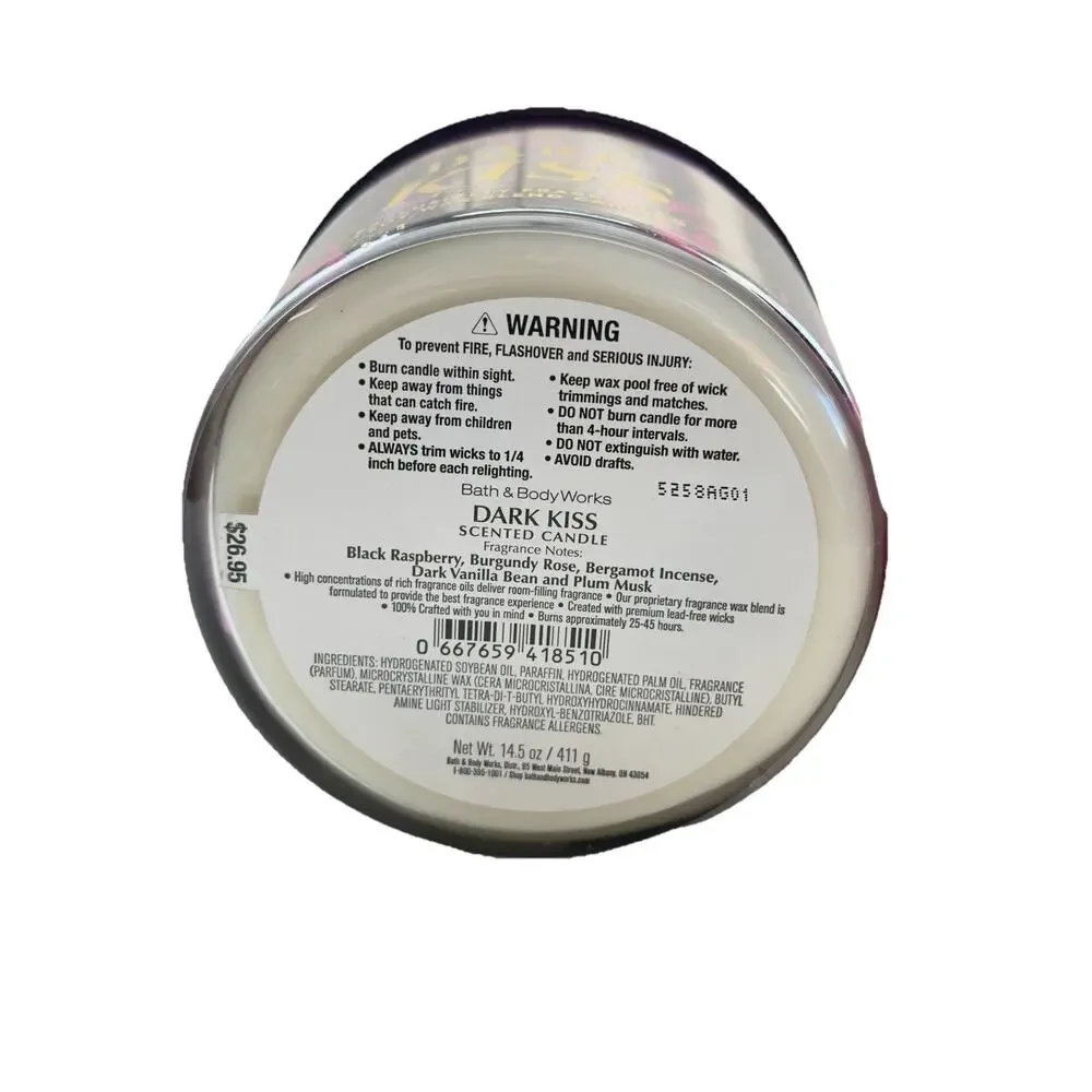 2 X Bath & Body Works DARK KISS 3 Wick Scented Candles Large 14.5oz NEW